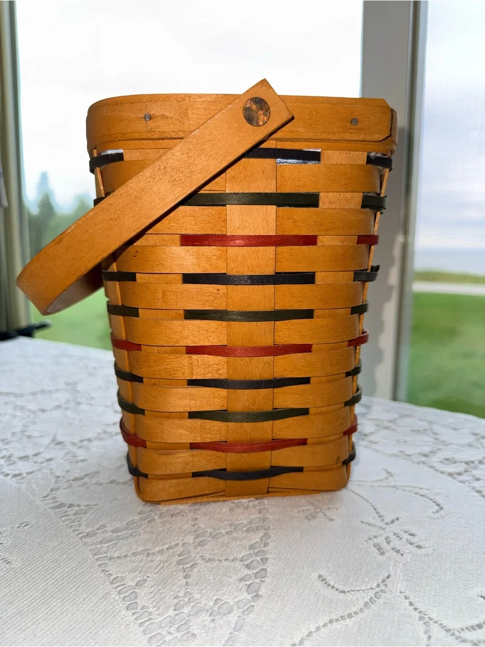 Vintage 1999 Longaberger Handwoven Pencil Basket USA Accent Weave Plastic Liner⁠
